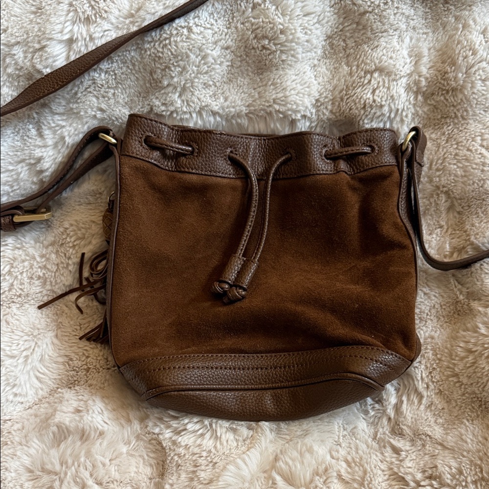 Brown Leather suede bucket drawstring Bag